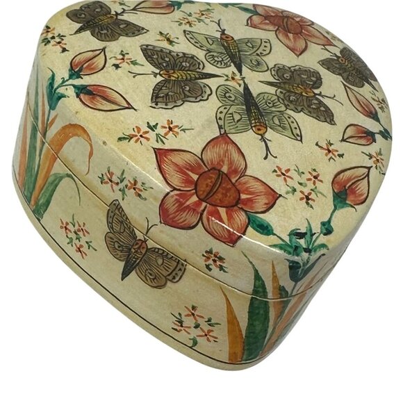 Vintage Handmade Fetco Kashmir Heart Shaped Lacquered Trinket Box Botanical - Picture 7 of 10